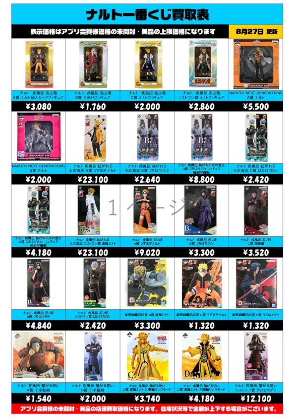 NARUTO一番くじ 買取表更新しました！ 8/28～ | 千葉鑑定団中央店